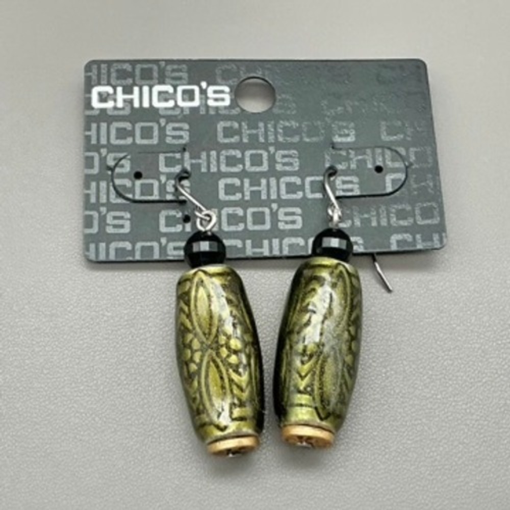 Chico's Earrings Women Green Gold Tone Etched‎ Barrel Bead Dangle 1.5 Inch